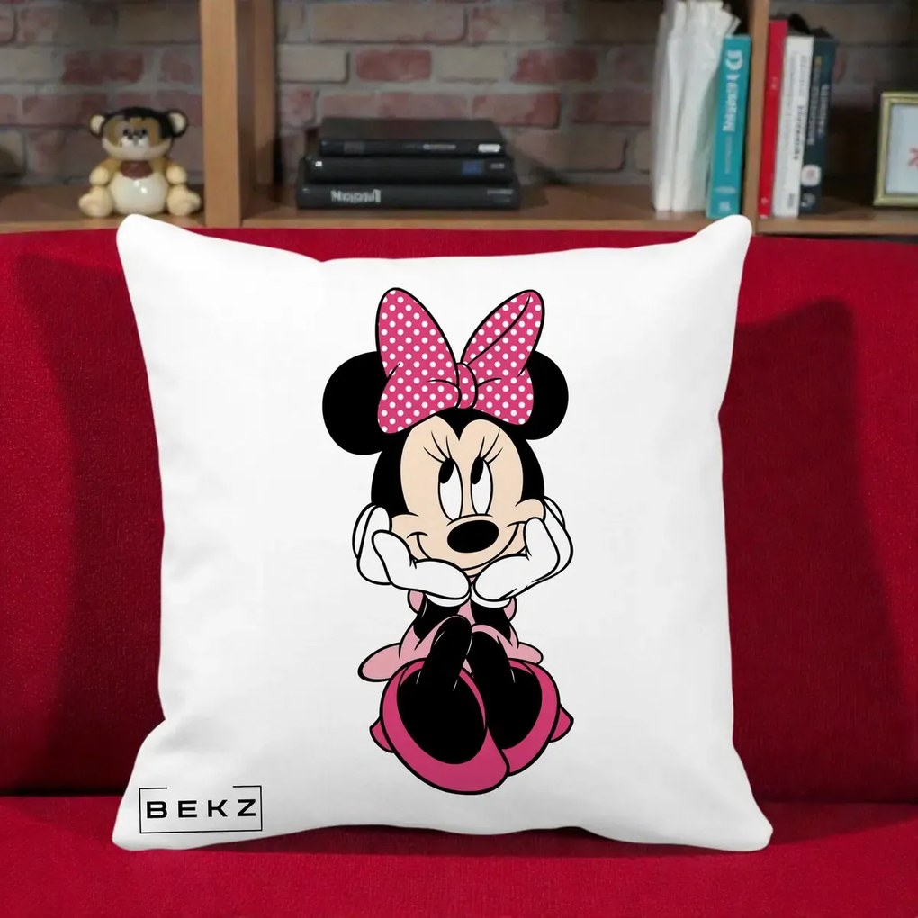 Perna Personalizata Minnie Mouse cu Fundita, 40x40 cm, Alba Mata, Husa Detasabila, Perna Inclusa, BEKZ®