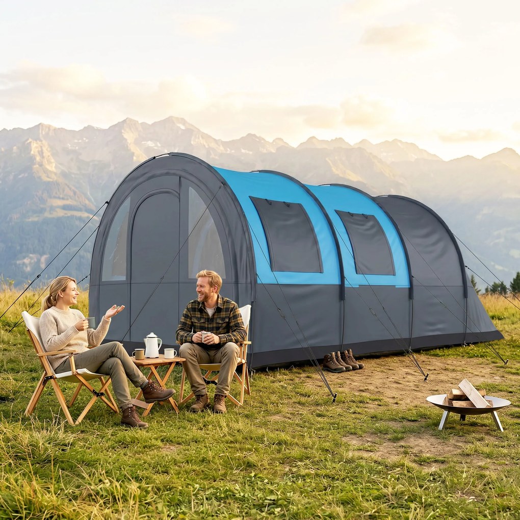 Outsunny Cort de Camping Impermeabil, Cort cu 5 Locuri, Zonă Separată de Dormit și Living, 480x260x200 cm, Gri și Albastru | Aosom Romania