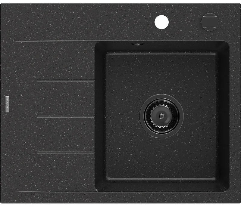 Mexen Ben chiuvetă de granit cu 1 compartiment și picurător, dreapta 600x500 mm, negru/argintiu metalic sifon negru