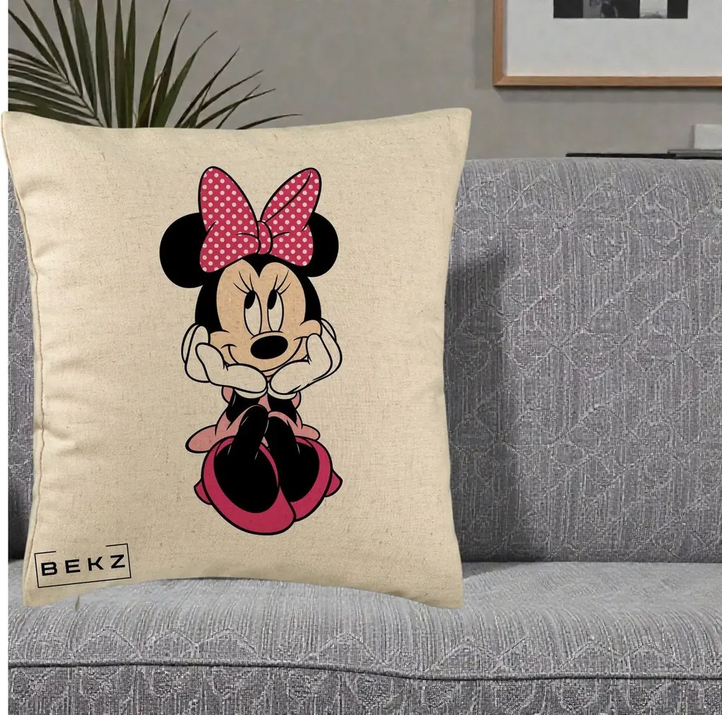 Perna Personalizata Minnie Mouse cu Fundita, 40x40 cm, Bej, Husa Detasabila, Perna Inclusa, BEKZ®