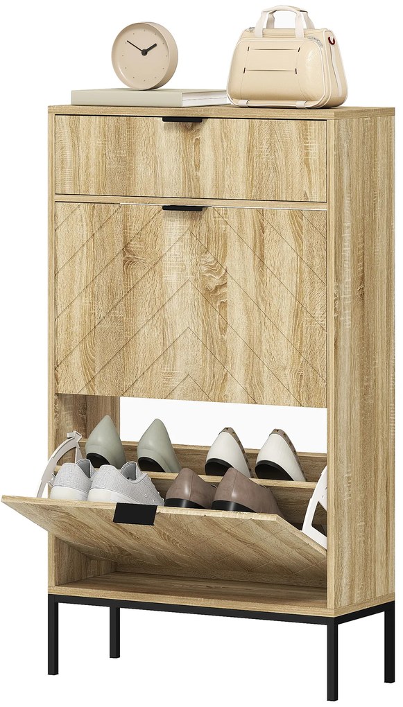 HOMCOM Mobilier de pantofi 8 perechi cu sertar glisant, 2 sertare rabatabile, rafturi reglabile, 60x24x105,5cm, stejar | Aosom Romania