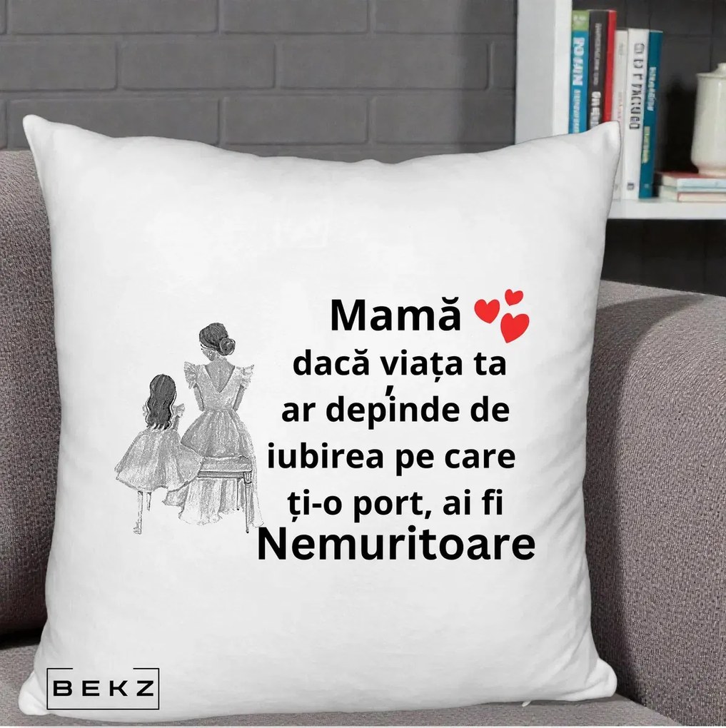 Cadou pentru Mama - Perna Personalizata Mama Nemuritoare Line Art, 40x40 cm, Alb Pufos, Husa Detasabila, Perna Inclusa, BEKZ®
