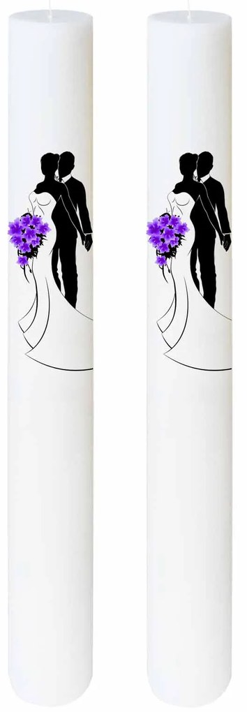 Set 2 Lumanari Nunta Mire si Mireasa cu buchet mov 4,5 cm, 70 cm