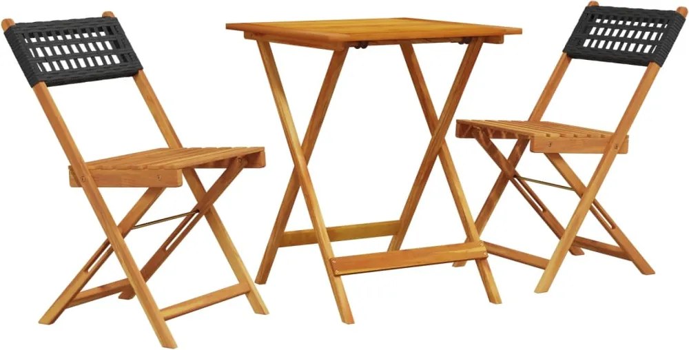 vidaXL Set mobilier bistro, 3 piese, negru, poliratan și lemn masiv