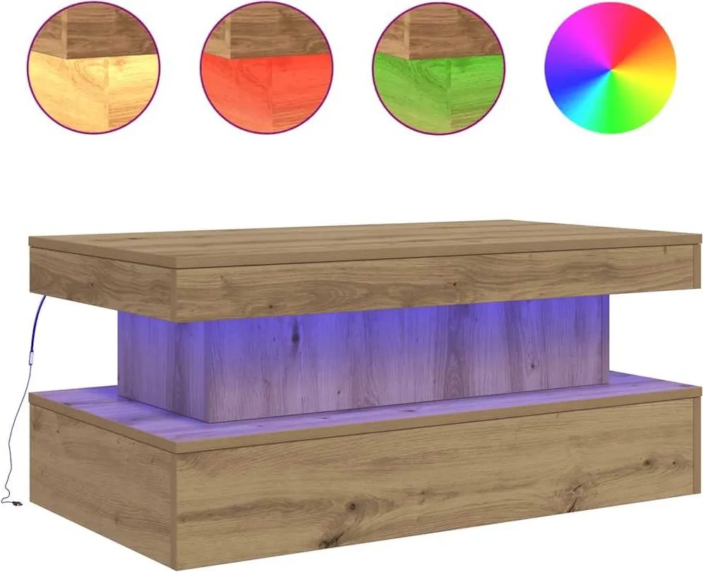 vidaXL Măsuță de cafea cu lumini LED, stejar artizanal, 90x50x40 cm