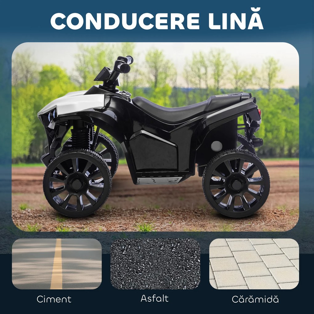 AIYAPLAY ATV Electric pentru Copii 6V, Mașină cu 4 Roți cu Muzică și Faruri LED, pentru Vârste 3-8 Ani, Alb, Negru | Aosom Romania