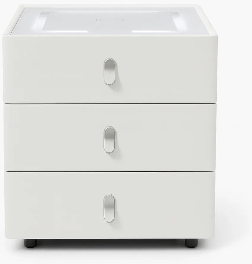 Noptieră inteligentă, încărcare Wireless și port USB+USB C, 3 sertare, 3 tipuri de iluminare LED touch, 3 tipuri de culoare, sticla securizata, Alb