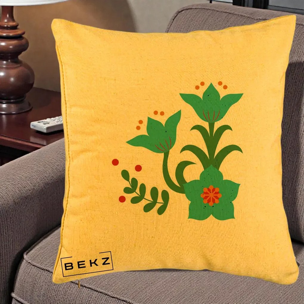 Perna Decorativa Flori Stilizate Folk Turcoaz, 40x40 cm, Galben, Husa Detasabila, Perna Inclusa, BEKZ®