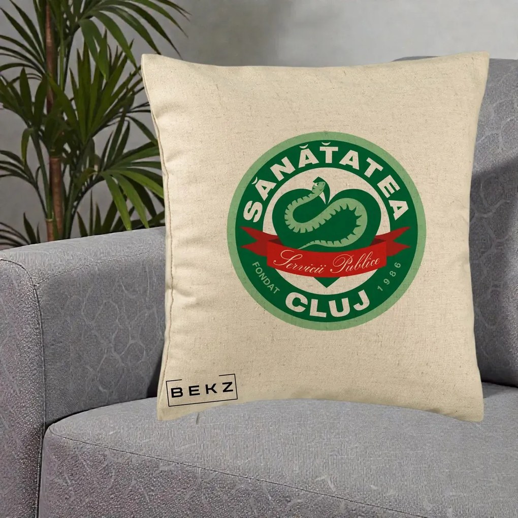 Perna Personalizata Sanatatea Cluj Servicii Publice 1986, 40x40 cm, Bej, Husa Detasabila, Perna Inclusa, BEKZ®
