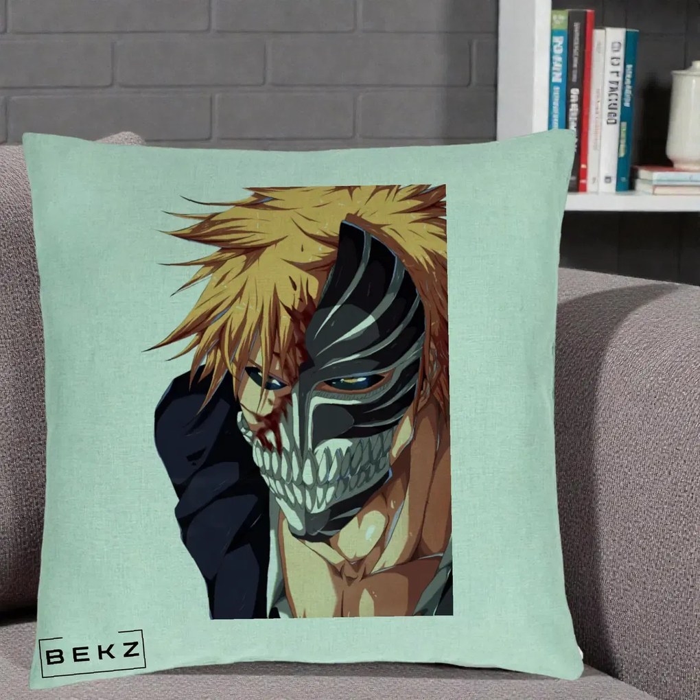 Perna Personalizata Bleach Ichigo Masca Hollow, 40x40 cm, Verde Menta, Husa Detasabila, Perna Inclusa, BEKZ®