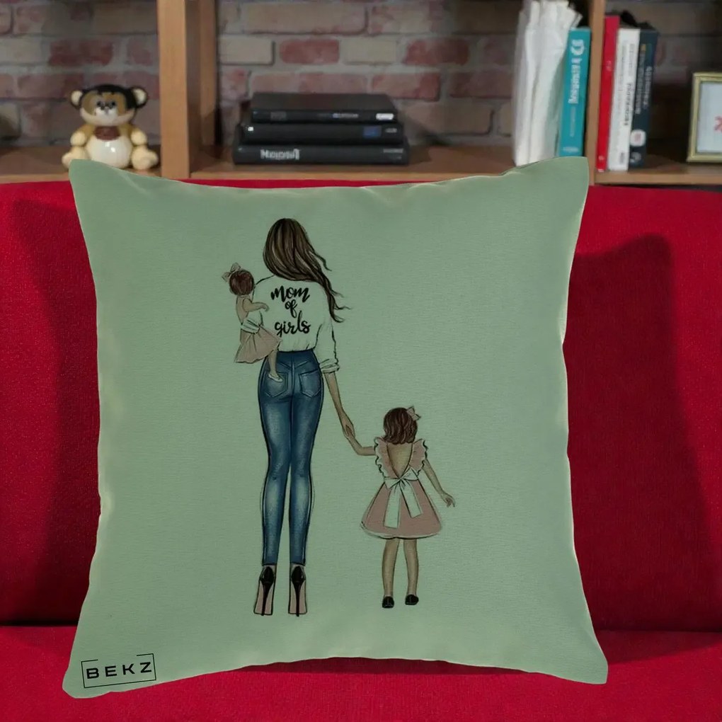 Cadou pentru Mama - Perna Personalizata Mom of Girls Mama cu Fetele, 40x40 cm, Verde, Husa Detasabila, Perna Inclusa, BEKZ®