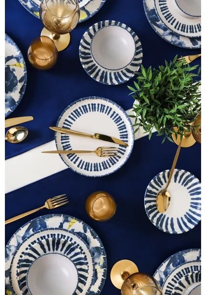 Set veselă 24 piese, alb/albastru, din ceramică stoneware