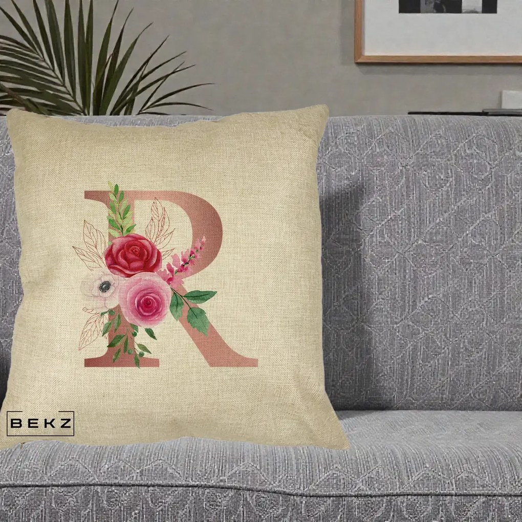 Cadou Personalizat - Perna Personalizata Monograma Rose Gold Litera R, 40x40 cm, Crem, Husa Detasabila, Perna Inclusa, BEKZ®
