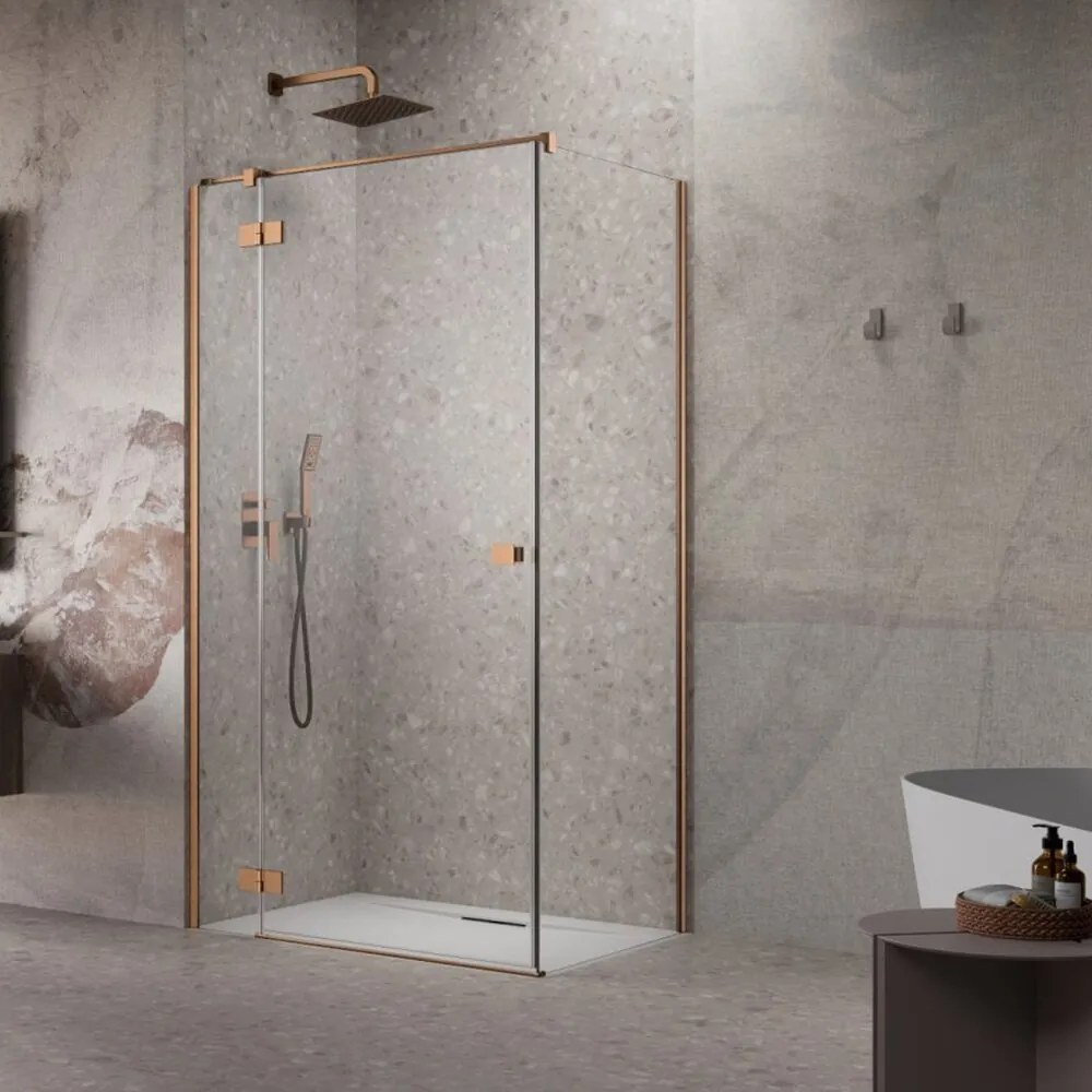 Cabina de dus dreptunghiulara cu usa batanta Radaway Essenza KDJ 110x70 cm finisaj cupru periat-transparent stanga