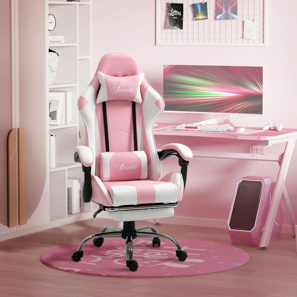 Vinsetto Scaun Gaming Ergonomic Reclinabil cu Tetieră, Pernă Lombară, Înălțime Reglabilă, Roz și Alb | Aosom Romania