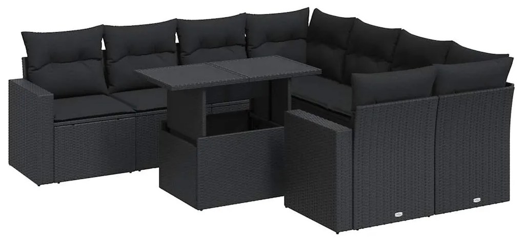 3326286 vidaXL Set mobilier de grădină cu perne, 9 piese, negru, poliratan