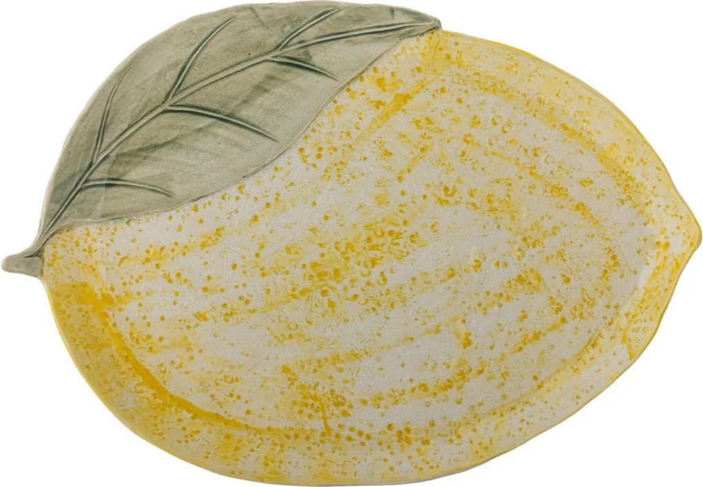 Platou de servire din ceramică în formă de lămâie, galben cu nuanțe reactive, 32×22,5×3 cm, "Hadden"