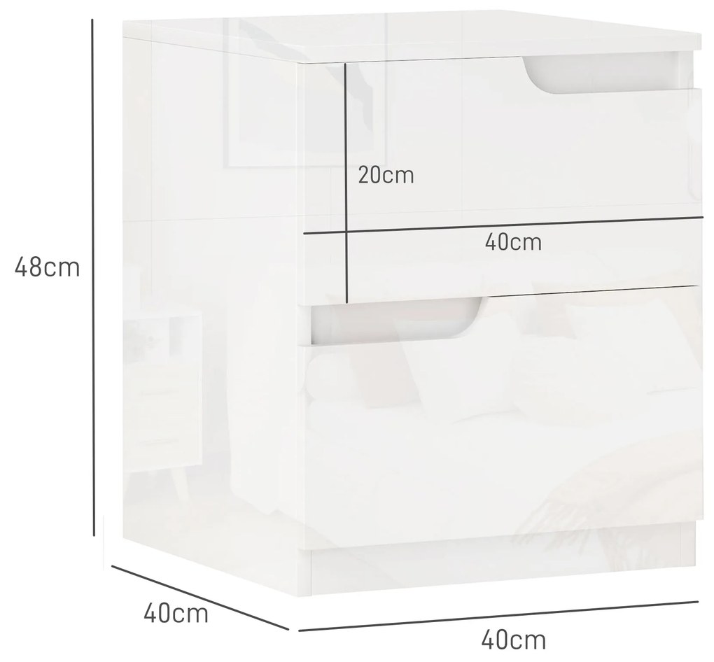 HOMCOM Noptieră Modernă cu 2 Sertare și Design Lucios, Noptieră pentru Dormitor din PAL, 40x40x48 cm, Alb Lucios | Aosom Romania