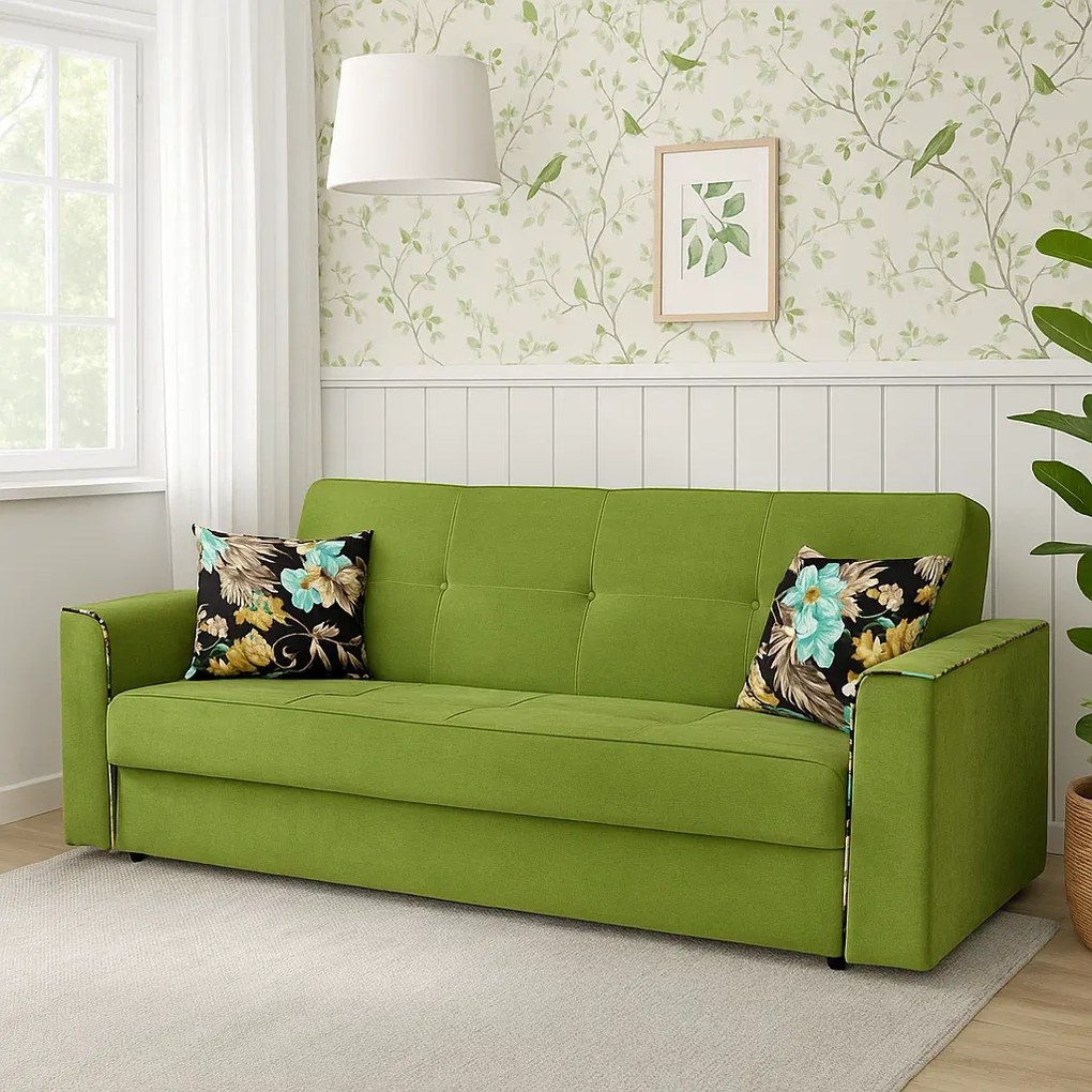 Canapea VERA extensibila, 3 locuri, lada de depozitare, stofa verde masliniu, 225x90x90 Verde masliniu, Stofa
