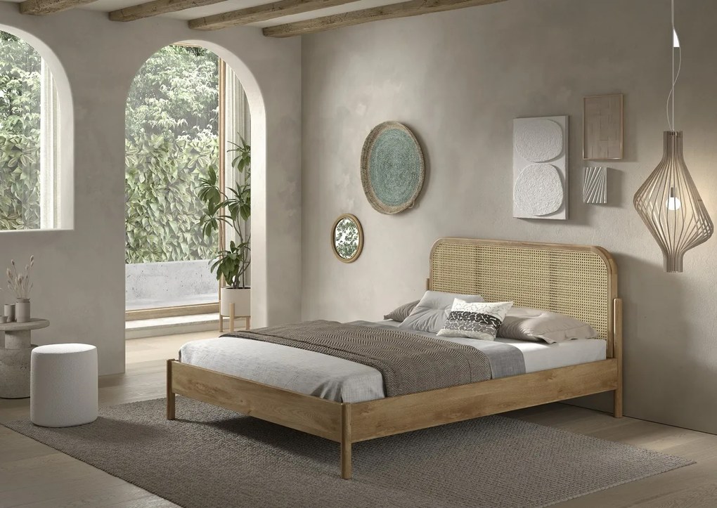 Set mobilier OLIVE copii pentru dormitor, pat 160x200 cm cu capăt rotunjit din rattan și două noptiere, culoare stejar – Vipack