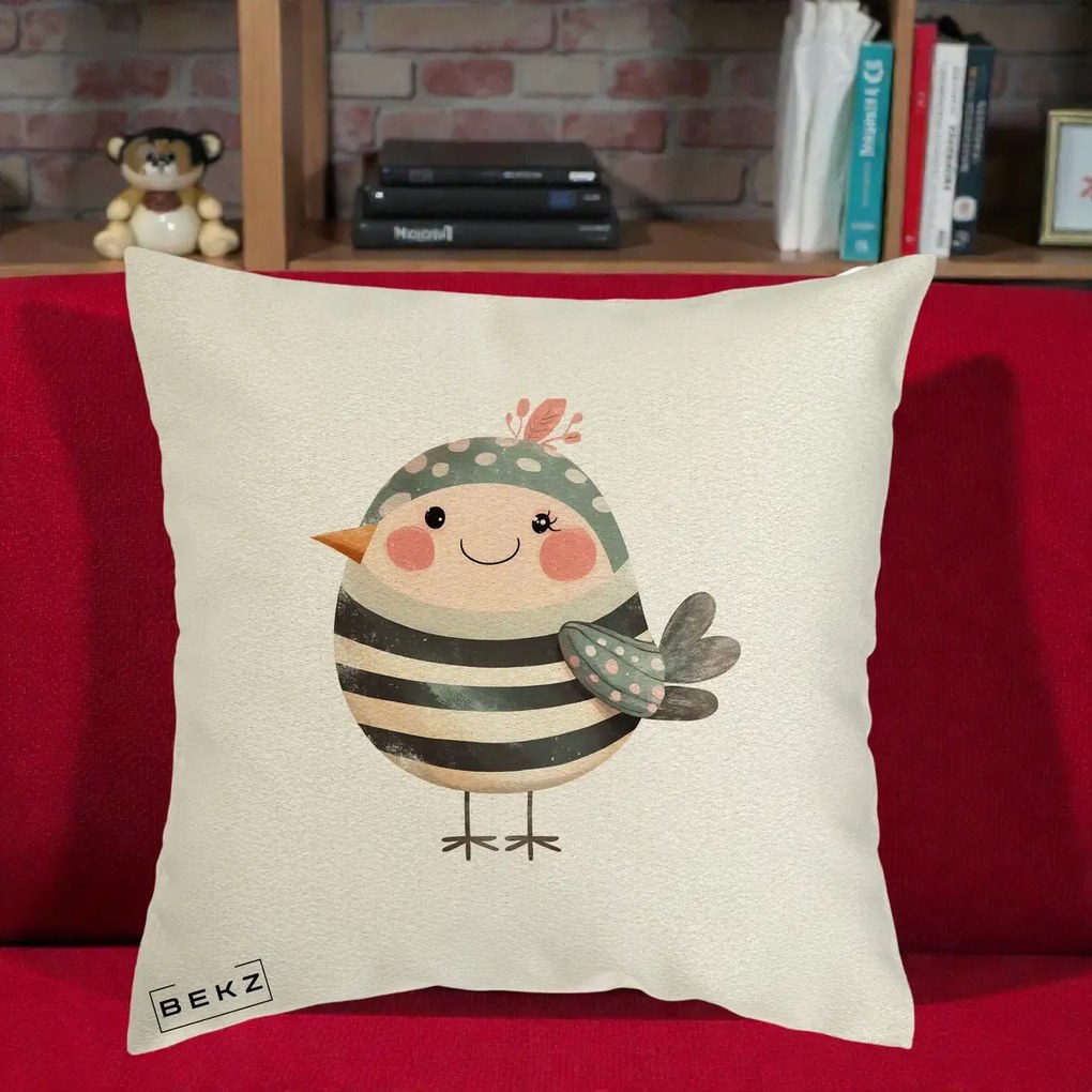 Perna Decorativa Pui Kawaii Teal cu Flori, 40x40 cm, Ecru, Husa Detasabila, Perna Inclusa, BEKZ®