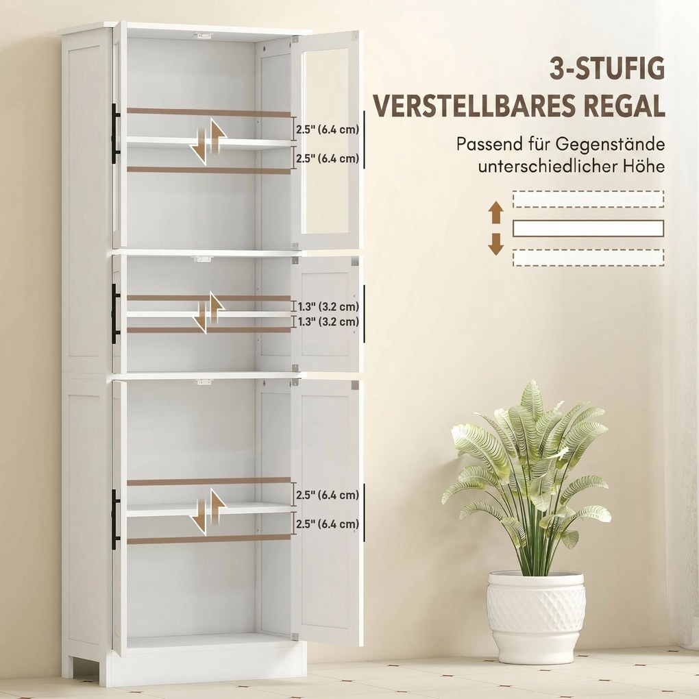HOMCOM Dulap înalt de baie slim, 170 cm, cu 6 rafturi, uși din sticlă și rafturi reglabile, pentru living sau bucătărie, stil modern, 60x30x170 cm, alb | Aosom Romania