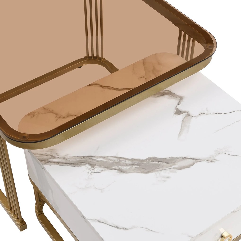 Set de Măsuțe de Cafea Suprapozabile din Marmură Lucioasă și Sticlă cu Detalii Aurii și Sertare, 60x60x42,5 cm + 50x50x34 cm, Alb