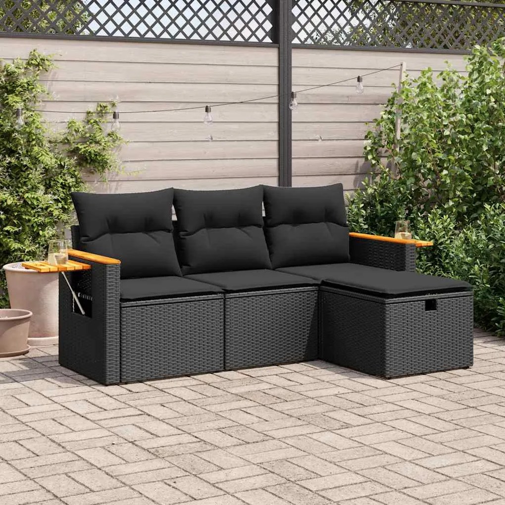 3325947 vidaXL Set mobilier de grădină cu perne, 4 piese, negru, poliratan