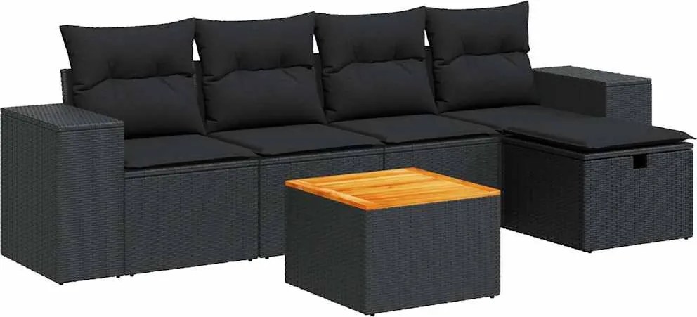 vidaXL Set mobilier de grădină cu perne, 6 piese, negru, poliratan