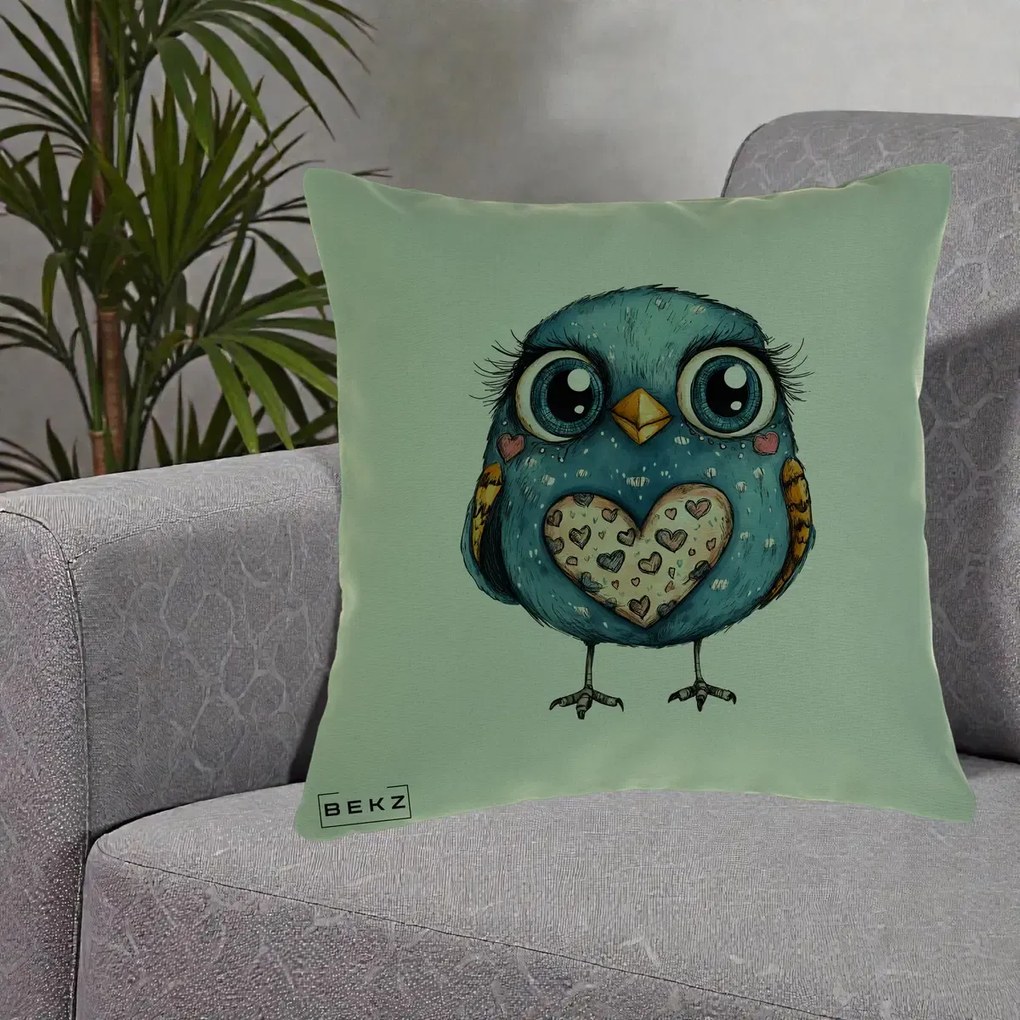 Perna Decorativa Bufnita Albastra cu Inimioare, 40x40 cm, Verde, Husa Detasabila, Perna Inclusa, BEKZ®