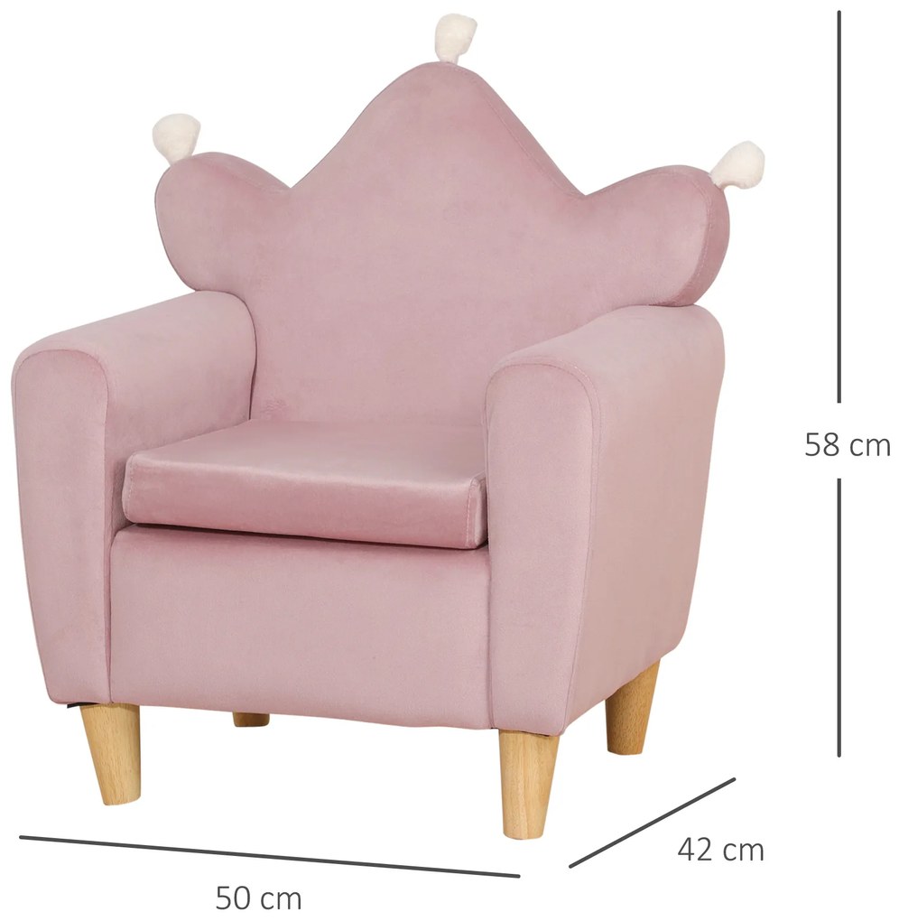 HOMCOM Fotoliu pentru Copii din Material Textil cu Efect de Catifea Roz, cu Spătar în Formă de Coroană, 50.2x41.9x57.8 cm | Aosom Romania