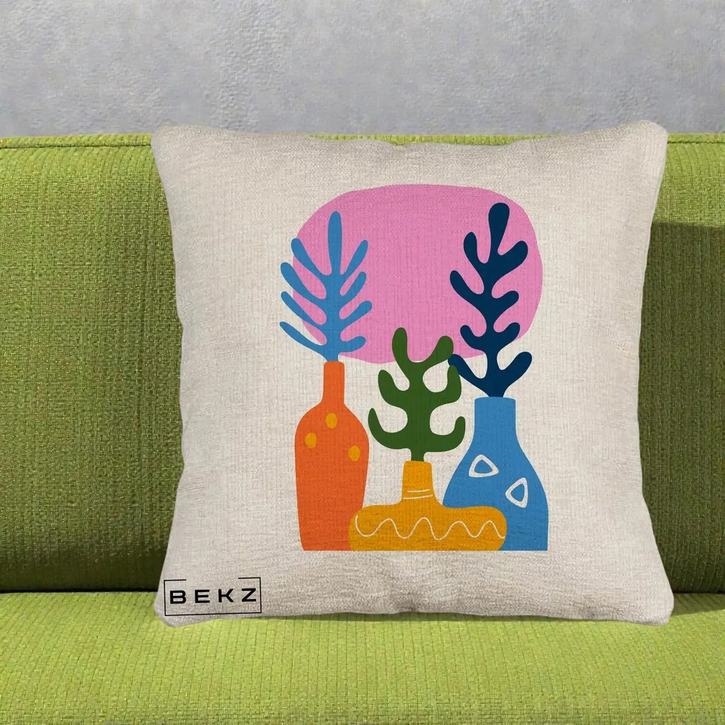 Perna Decorativa Vaze Botanice Abstract, 40x40 cm, Bej Canapea, Husa Detasabila, Perna Inclusa, BEKZ®