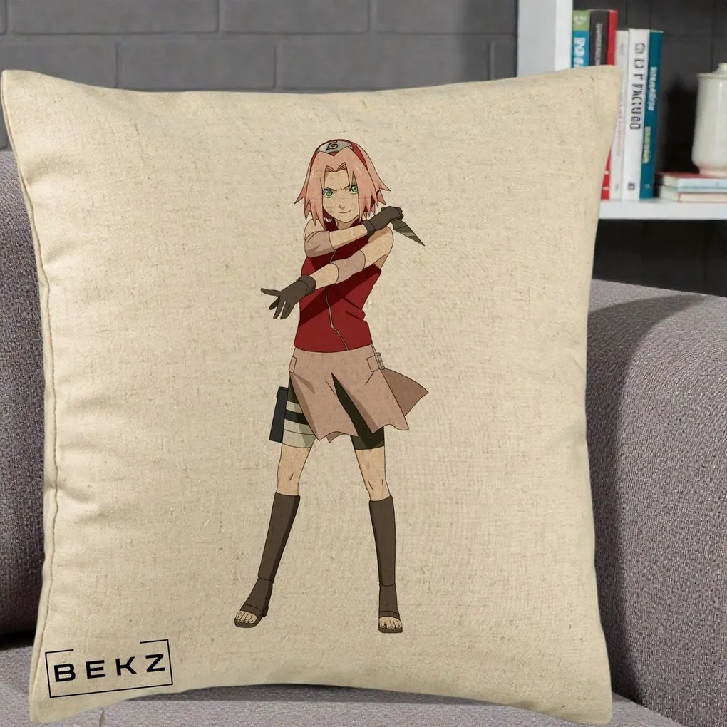 Perna Personalizata Naruto Sakura Haruno Portret, 40x40 cm, Bej, Husa Detasabila, Perna Inclusa, BEKZ®