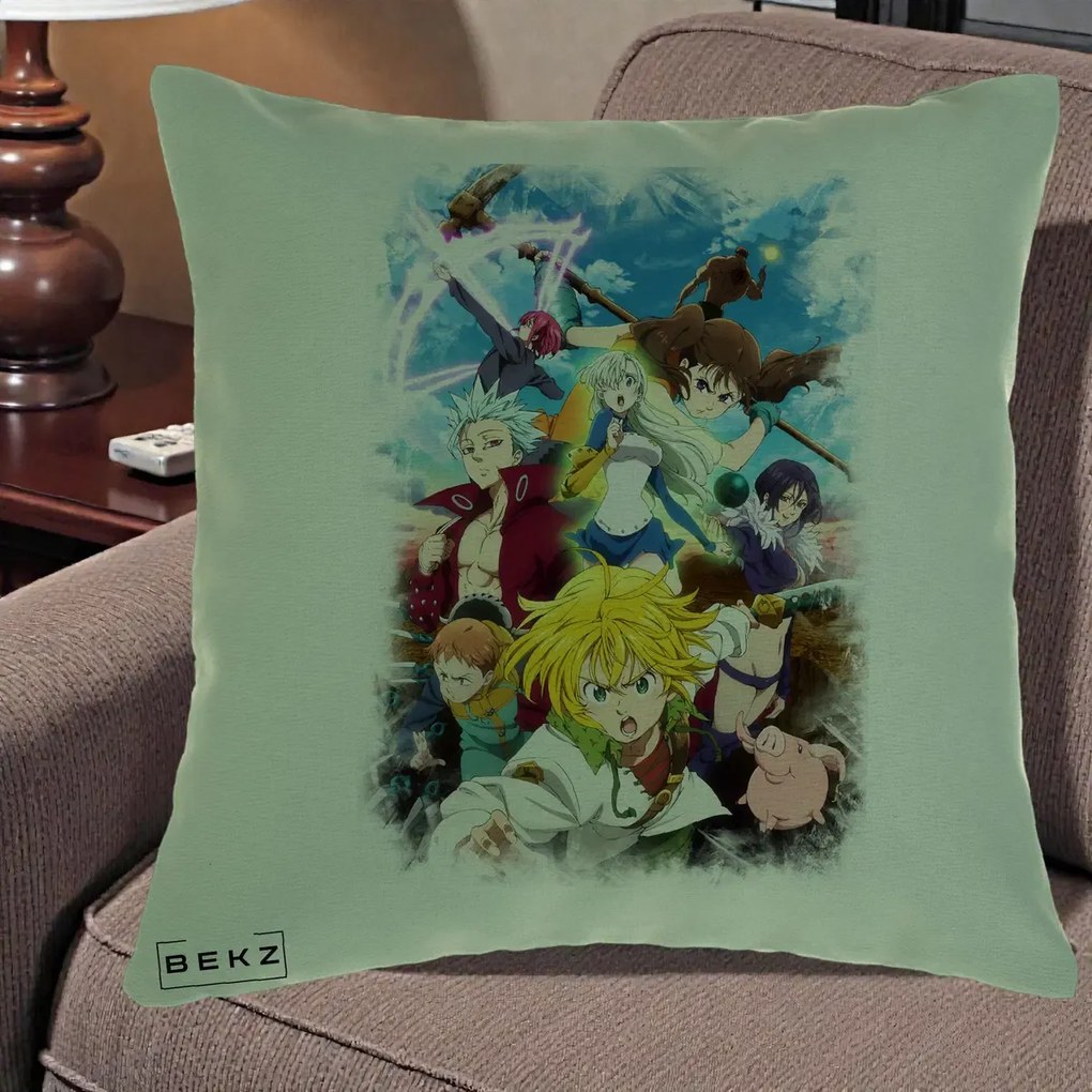 Perna Personalizata Nanatsu no Taizai Cele Sapte Pacate Mortale Anime, 40x40 cm, Verde, Husa Detasabila, Perna Inclusa, BEKZ®