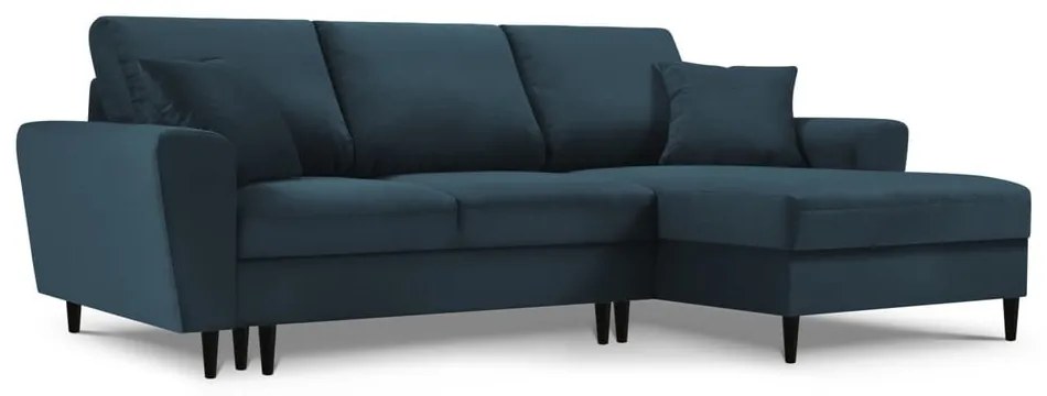 Colțar albastru închis extensibil, cu spațiu de depozitare cu tapițerie din catifea reiată (cu colț pe partea dreaptă, cu șezlong) Kyoto – Cosmopolitan Design