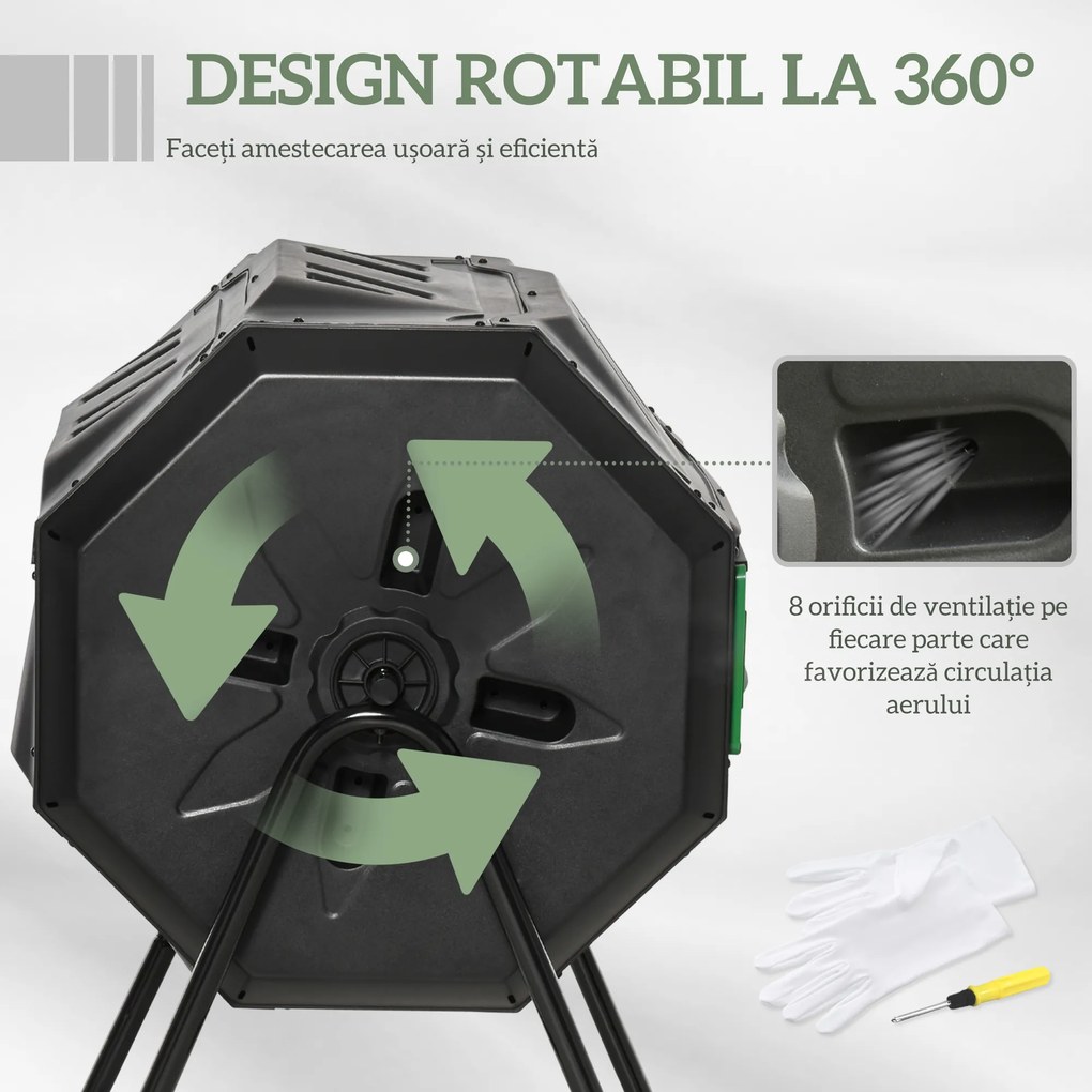 Outsunny Compostor Rotativ cu 2 Secțiuni și 8 Prize de Aerisire din Oțel și PP, 160L, 71x65x96 cm, Gri | Aosom Romania