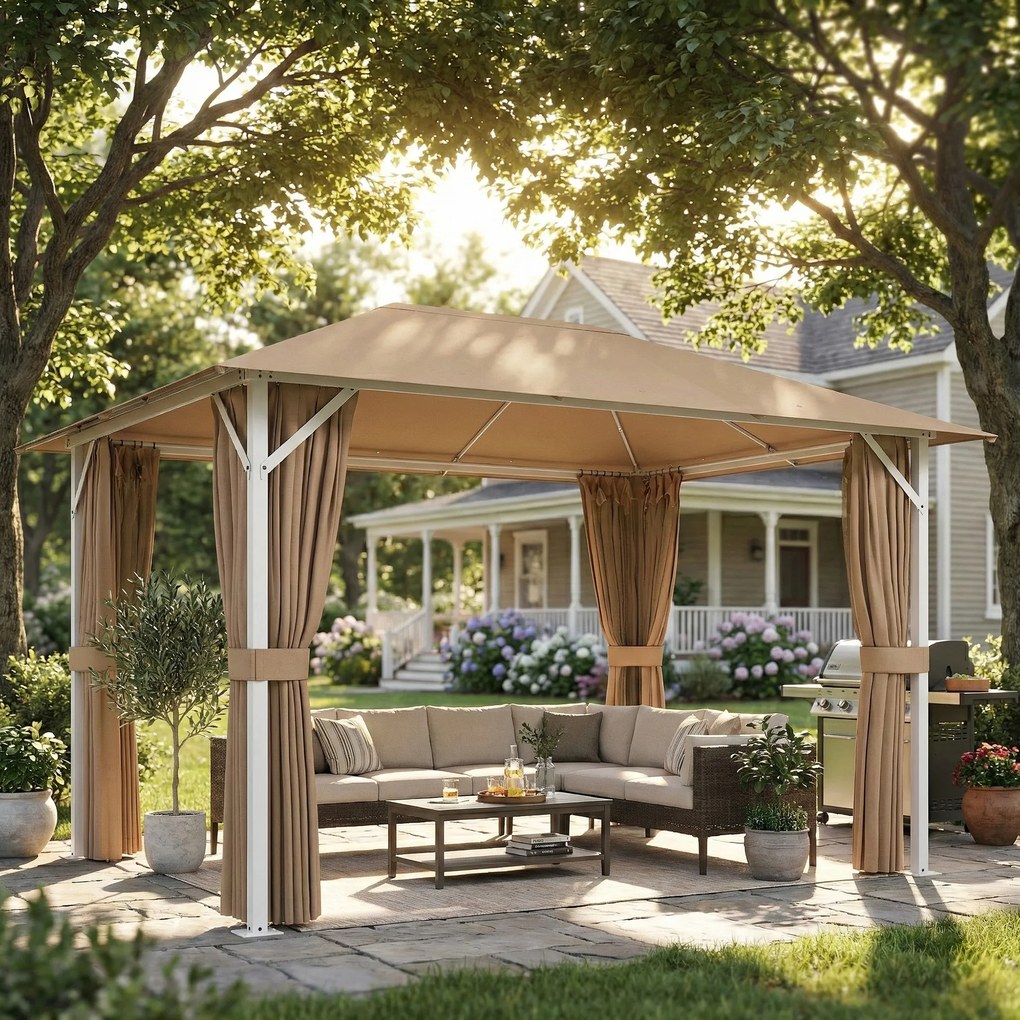 Outsunny Tonelă de Grădină Pavilion Structură Metalică Stabilă 60mm Protecție UV50+ și 10 Orificii de Drenaj 394x294x255cm kaki | Aosom Romania