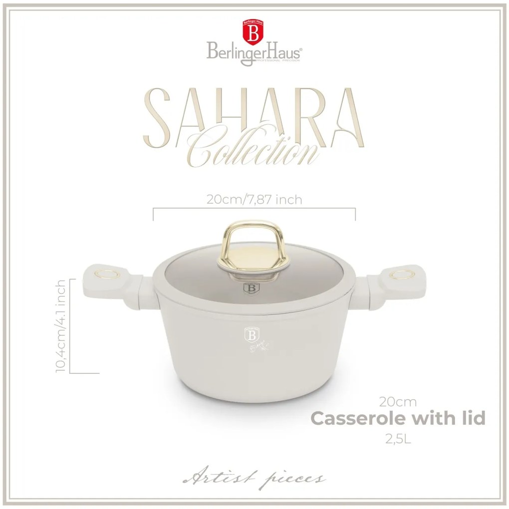 Oală cu capac 20 cm, 2.5L – Berlinger Haus Sahara Collection BH 8070, crem, cu strat antiaderent cu titan, pentru gătit zilnic