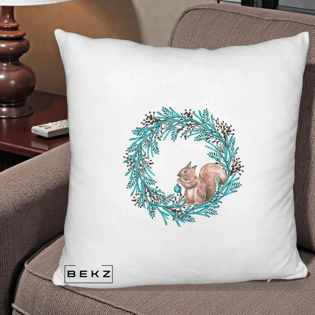 Perna decorativa de Craciun: Coroana Turcoaz cu Veverita, 40x40 cm cu Umplutura, Alb Pufos, BEKZ