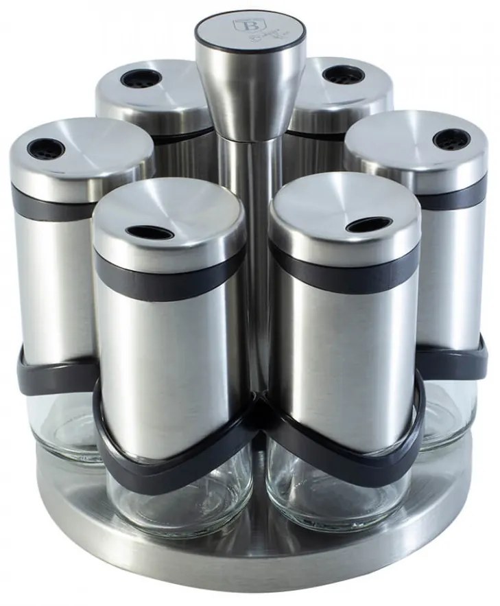 Set 6 recipiente pentru condimente 120 ml si suport rotativ din otel inoxidabil Spiceholders Berlinger Haus BH 1991