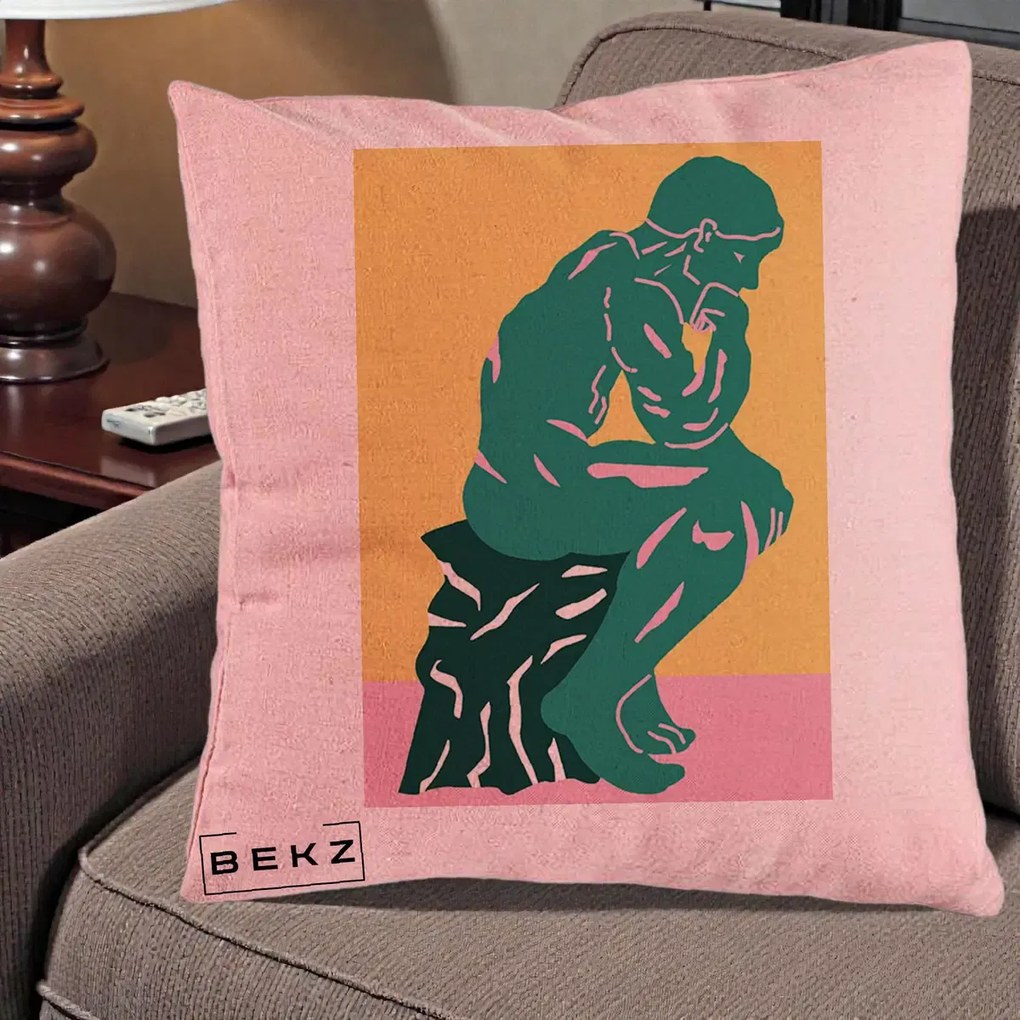 Perna Decorativa Ganditorul Sculptura Pop Art, 40x40 cm, Roz, Husa Detasabila, Perna Inclusa, BEKZ®