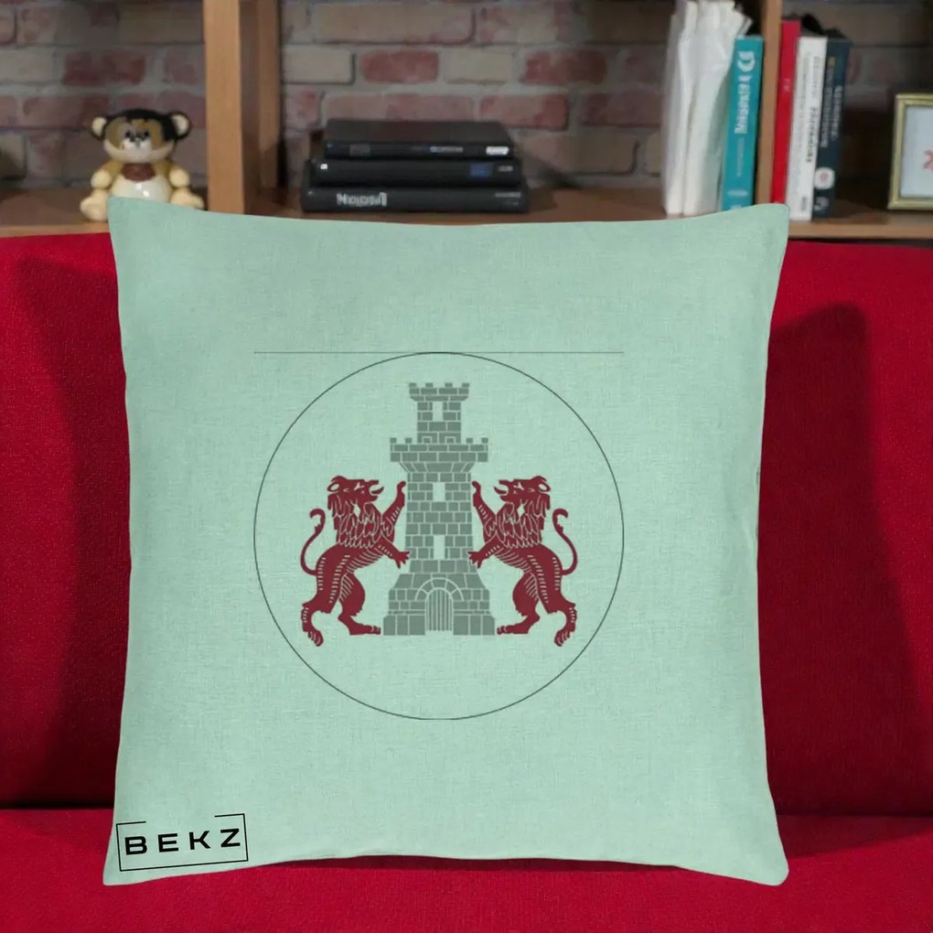 Perna Personalizata Cetatea Turnu Magurele Heraldic, 40x40 cm, Verde Menta, Husa Detasabila, Perna Inclusa, BEKZ®