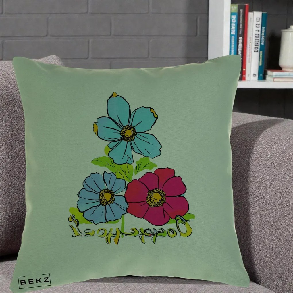 Perna Decorativa Trei Flori Grafice Pop Art, 40x40 cm, Verde, Husa Detasabila, Perna Inclusa, BEKZ®