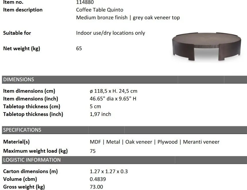 Masuta de cafea design LUX Quinto 118,5cm