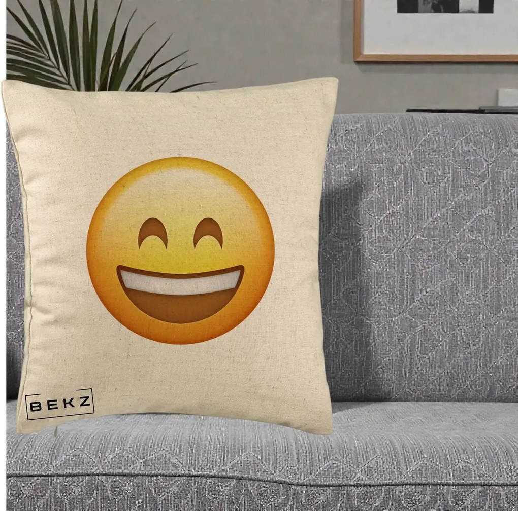 Perna Decorativa Emoji Zambet Mare, 40x40 cm, Bej, Husa Detasabila, Perna Inclusa, BEKZ®