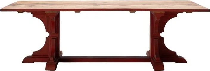 Masă de dining din lemn reciclat, cu blat patinat natur și bază sculptată roșu cărămiziu, finisaj vintage, 240×100×76 cm, „Redwood"