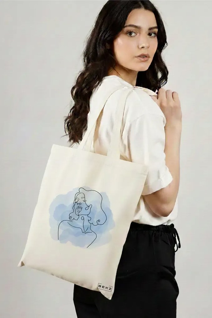 Sacosa de Panza pentru Cumparaturi, Geanta Tote, model Portret Feminin Minimalist, 38x34.5 cm, Alba, BEKZ®