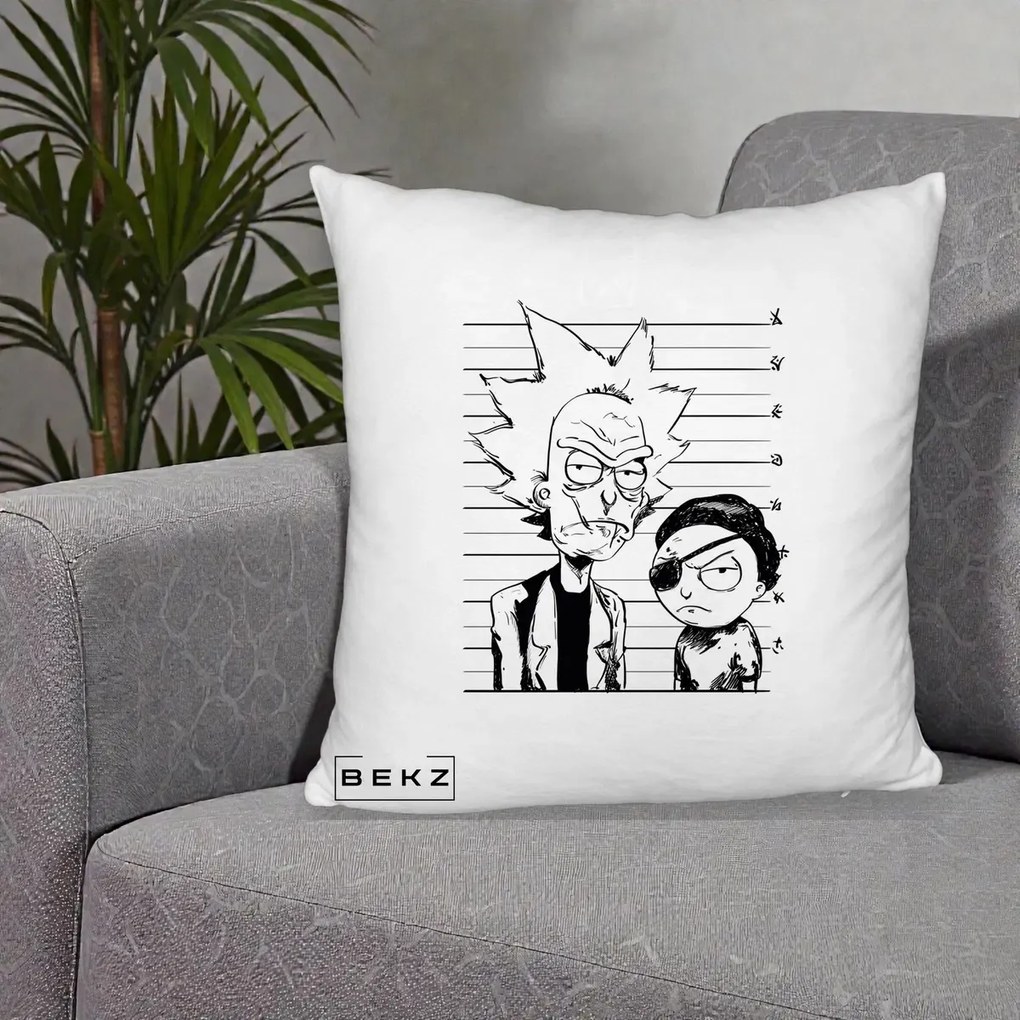Perna Personalizata Rick si Morty Dosar, 40x40 cm, Alb Pufos, Husa Detasabila, Perna Inclusa, BEKZ®