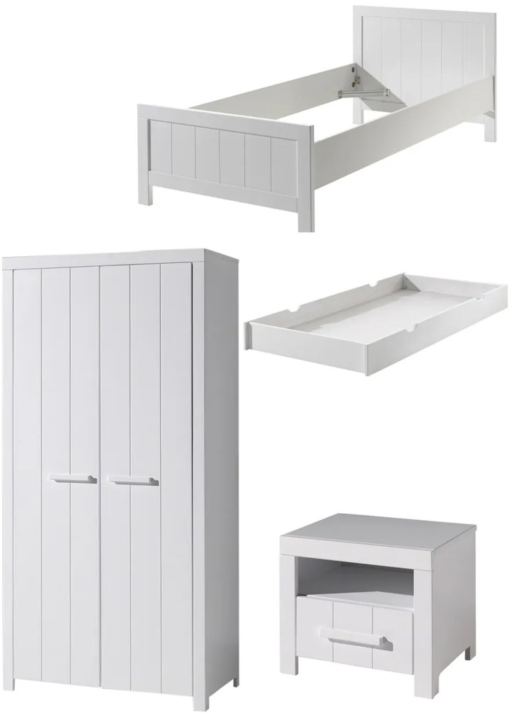 Set Mobilier Cameră Copii ERIK: Pat 90x200 cm, Dulap 2 Uși, Noptieră și Sertar, Alb – Vipack