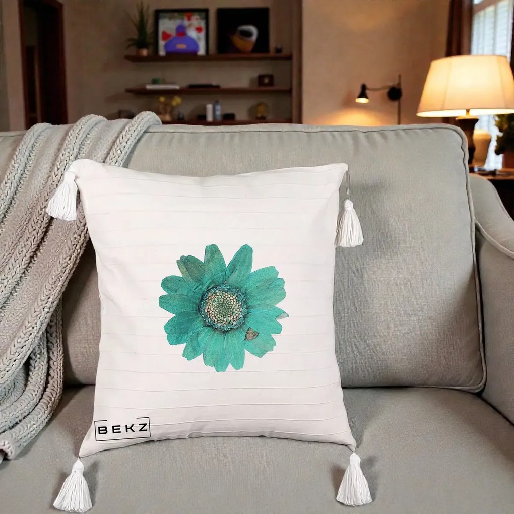 Perna Decorativa Floare Gerbera Teal Acuarela, 40x40 cm, Bej cu Franjuri, Husa Detasabila, Perna Inclusa, BEKZ®